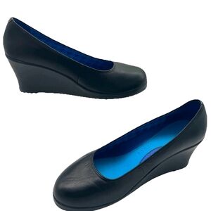 Crocs Womens Size 10 A-Leigh Wedges Black Leather Slip On Comfort